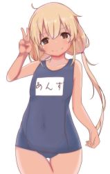 Rule 34 | 10s, 1girl, blonde hair, brown eyes, character name, futaba anzu, idolmaster, idolmaster cinderella girls, long hair, looking at viewer, name tag, one-piece swimsuit, ryuu., school swimsuit, simple background, smile, solo, swimsuit, tan, translated, twintails, v, white background
