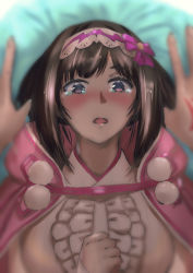 Rule 34 | 152 in can, 1girl, 1other, blush, bow, brown hair, cloak, command spell, commentary request, fate/grand order, fate (series), hair bow, headband, highres, open mouth, osakabehime (fate), pink cloak, pov, purple bow, purple eyes, solo focus, tearing up
