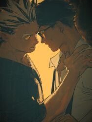 Rule 34 | 2boys, akaashi keiji, black hair, bokuto koutarou, chengongzi123, collared shirt, glasses, grey hair, haikyuu!!, hand on another&#039;s shoulder, highres, looking at another, male focus, multiple boys, necktie, open mouth, shirt, short hair, simple background, thick eyebrows, undone necktie, upper body, very short hair, white hair, yaoi, yellow background, yellow eyes