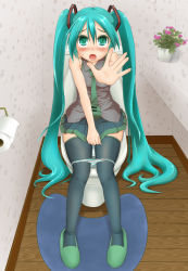 Rule 34 | 00s, 1girl, aqua eyes, aqua hair, blush, hatsune miku, highres, legs, long hair, n2m3, necktie, open mouth, panties, panty pull, sitting, skirt, slippers, solo, striped clothes, striped panties, tears, thighhighs, toilet, toilet paper, toilet use, twintails, underwear, very long hair, vocaloid