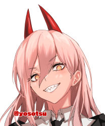 Rule 34 | 1girl, chainsaw man, collared shirt, cross-shaped pupils, grin, hair between eyes, highres, horns, long hair, looking at viewer, pink hair, portrait, power (chainsaw man), sharp teeth, shirt, simple background, smile, smug, solo, symbol-shaped pupils, teeth, ulrich (tagaragakuin), white background, white shirt, wing collar, yellow eyes