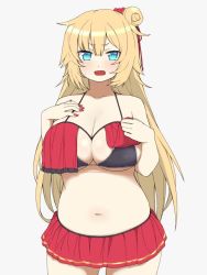 Rule 34 | 1girl, akai haato, akai haato (hololive summer 2019), angry, bad id, bad twitter id, bare shoulders, belly, bikini, bikini skirt, blonde hair, blue eyes, breasts, cleavage, collarbone, fang, fingernails, hair bun, heart, highres, hololive, large breasts, long fingernails, long hair, looking at viewer, nail polish, navel, official alternate costume, okunin, open mouth, plump, red bikini, single hair bun, skirt, solo, standing, swimsuit, swimsuit skirt, virtual youtuber, white background