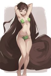 Rule 34 | 1girl, absurdly long hair, armpits, arms behind back, arms up, bare shoulders, barefoot, breasts, breasts apart, brown hair, closed mouth, collarbone, covered erect nipples, elf, gluteal fold, green eyes, groin, highres, legs together, long hair, looking away, midriff, navel, original, pointy ears, small breasts, smile, solo, stomach, thigh gap, very long hair, vins-mousseux