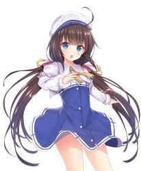 Rule 34 | 10s, 1girl, ahoge, beret, between fingers, blue dress, blue eyes, blush, board game, brown hair, chestnut mouth, commentary request, dress, fingernails, hair ribbon, hat, hinatsuru ai, holding, layered sleeves, long hair, long sleeves, looking at viewer, low twintails, outstretched arm, parted lips, puffy short sleeves, puffy sleeves, rennkuu, ribbon, ryuuou no oshigoto!, school uniform, shogi, short over long sleeves, short sleeves, simple background, solo, twintails, v-shaped eyebrows, very long hair, white background, white hat, yellow ribbon
