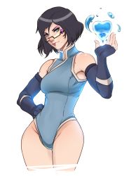 Rule 34 | 1girl, absurdres, avatar: the last airbender, avatar legends, bare shoulders, bayonetta, bayonetta, bayonetta (series), bayonetta 2, black hair, blue eyes, blue leotard, breasts, cosplay, elbow gloves, fingerless gloves, glasses, gloves, hand on own hip, heart, highres, korra, korra (cosplay), leotard, lips, looking at viewer, medium breasts, mole, mole under mouth, open mouth, short hair, simple background, smile, solo, superboin, the legend of korra, thighs, water, white background, wide hips
