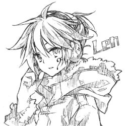 Rule 34 | 1boy, bad id, bad pixiv id, character name, citri, greyscale, headphones, kagamine len, looking at viewer, lowres, male focus, monochrome, short hair, simple background, solo, vocaloid, white background, yuetsuki (ash)