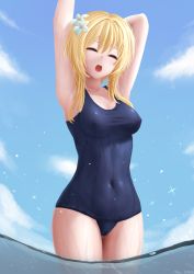 Rule 34 | 1girl, absurdres, arms up, blonde hair, blue one-piece swimsuit, blue sky, breasts, cleft of venus, closed eyes, collarbone, covered erect nipples, covered navel, flower, genshin impact, hair flower, hair ornament, highres, lumine (genshin impact), medium breasts, one-piece swimsuit, open mouth, partially submerged, school swimsuit, short hair with long locks, sky, solo, stretching, swimsuit, thighs, wading, wet, wet clothes, wet swimsuit, white flower, z282g