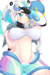 Rule 34 | 1girl, android, armor, ashblossom arts, bikini, blue eyes, blush, breasts, cleavage, female focus, headgear, highres, ico (megaman x dive), joints, mechanical arms, mega man (series), mega man x (series), mega man x dive, one eye closed, robot girl, robot joints, silver hair, solo, standing, swimsuit, underboob, wide sleeves