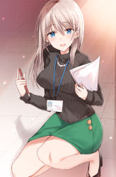 Rule 34 | 1girl, :d, black footwear, black sweater, blue eyes, blush, breasts, earrings, green skirt, hair between eyes, hair ornament, hairclip, high heels, highres, holding, holding pencil, id card, jewelry, kinona, lanyard, light brown hair, long hair, long sleeves, looking at viewer, medium breasts, office lady, open mouth, original, pencil, ribbed sweater, shoes, skirt, smile, solo, squatting, stud earrings, sweater
