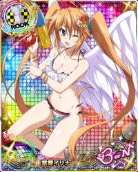 Rule 34 | 1girl, ahoge, angel, angel wings, bikini, bracelet, breasts, brown hair, card (medium), chess piece, cleavage, collarbone, female focus, flower, frilled bikini, frills, gluteal fold, hair between eyes, hair flower, hair ornament, high school dxd, high school dxd born, holding, holding water gun, jewelry, long hair, looking at viewer, medium breasts, midriff, navel, official art, one eye closed, open mouth, purple eyes, rook (chess), shidou irina, solo, striped bikini, striped clothes, swimsuit, tongue, torn bikini, torn clothes, twintails, underboob, water gun, white wings, wings, wink