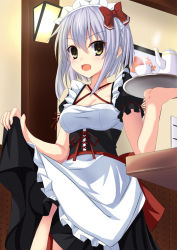 Rule 34 | 1girl, apron, blush, breasts, cleavage, cup, looking at viewer, maid, maid apron, maid headdress, norapan, open mouth, original, smile, solo, tea, teacup, teapot, waist apron, white hair, yellow eyes