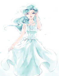 Rule 34 | 1girl, aqua dress, aqua eyes, aqua hair, bare arms, bare shoulders, bishoujo senshi sailor moon, bishoujo senshi sailor moon supers, breasts, dossei, dress, earrings, feet out of frame, fish eye (sailor moon), floating clothes, floating hair, genderswap, genderswap (mtf), half-closed eyes, hand up, highres, jewelry, lipstick, long hair, looking at viewer, makeup, parted bangs, parted lips, red lips, ribbon, simple background, skirt hold, sleeveless, sleeveless dress, solo, tucking hair, white background, wind