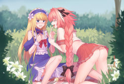 Rule 34 | 2boys, ass, astolfo (fate), astolfo (sailor paladin) (fate), black bow, blonde hair, blue eyes, blush, bow, braid, chevalier d&#039;eon (fate), closed eyes, dress, fang, fate/apocrypha, fate/grand order, fate (series), flower, food, gogatsu fukuin, grass, hair bow, hairband, highres, long braid, looking at viewer, male focus, multiple boys, no panties, official alternate costume, picnic, pink hair, pleated skirt, sexually suggestive, single braid, skirt, trap, yaoi