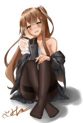 Rule 34 | 1girl, absurdres, bad id, bad pixiv id, black jacket, black pantyhose, blush, bow, brown eyes, brown hair, collarbone, girls&#039; frontline, hair bow, highres, hoppo, jacket, jacket on shoulders, long hair, looking at viewer, no bra, open clothes, open shirt, panties, pantyhose, pantyshot, scar, shirt, sitting, sitting on lap, sitting on person, smile, solo, ump45 (girls&#039; frontline), underwear, white background, white panties, white shirt