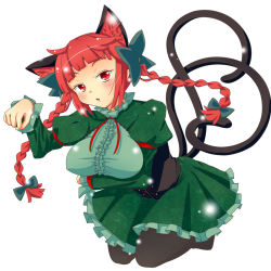 Rule 34 | 1girl, animal ears, bow, braid, cat ears, cat tail, heart, heart tail, highres, himenomikan, kaenbyou rin, looking at viewer, multiple tails, nekomata, paw pose, red eyes, red hair, simple background, solo, tail, touhou, twin braids, white background