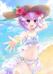 Rule 34 | 1girl, alternate costume, armband, artist name, beach, bikini, binato lulu, breasts, cloud, cloudy sky, collarbone, commentary request, day, flower, hair between eyes, hair flower, hair ornament, hand on own head, hat, looking at viewer, navel, neptune (neptunia), neptune (series), ocean, open mouth, outdoors, outstretched arm, purple eyes, purple hair, short hair, sky, small breasts, smile, solo, straw hat, summer, swimsuit, white bikini