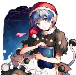 Rule 34 | 1girl, abusoru, apron, black dress, blue eyes, blue hair, book, breasts, doremy sweet, dream soul, dress, hat, head tilt, highres, holding, holding book, looking at viewer, medium breasts, nightcap, parted lips, pom pom (clothes), red hat, short hair, short sleeves, sketch, solo, tail, tapir tail, touhou, waist apron, white background