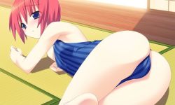 Rule 34 | 1girl, ass, azel, blue eyes, competition swimsuit, game cg, jpeg artifacts, kannagi rei, lying, non-web source, one-piece swimsuit, red hair, short hair, solo, swimsuit, twinkle crusaders, twinkle crusaders miracle disk