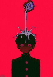 Rule 34 | 1boy, absurdres, artist name, bandaid, bandaid on face, black hair, buttons, carosapien, closed mouth, commentary, english commentary, gakuran, highres, holding carton, kageyama shigeo, looking at viewer, male focus, milk, milk carton, mob psycho 100, pouring, pouring onto another, red background, school uniform, short hair, simple background, upper body