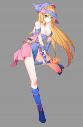 Rule 34 | 1girl, blonde hair, blue footwear, blush, boots, breasts, bridal gauntlets, choker, cleavage, closed mouth, dark magician girl, floating hair, full body, green eyes, grey background, hair between eyes, highres, holding, holding staff, knee boots, long hair, medium breasts, nami qi, overskirt, pink skirt, simple background, skirt, smile, solo, staff, standing, standing on one leg, very long hair, yu-gi-oh!