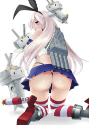 Rule 34 | 10s, 1girl, alternate hair color, anchor hair ornament, ass, black panties, blue eyes, blue skirt, blush, crop top, from behind, g-string, hair ornament, hairband, highleg, highleg panties, highres, kantai collection, kneeling, light purple hair, long hair, looking at viewer, looking back, microskirt, midriff, neckerchief, panties, parted lips, partially visible vulva, pleated skirt, rensouhou-chan, school uniform, serafuku, shimakaze (kancolle), sideways glance, simple background, skirt, sleeveless, solo, striped clothes, striped thighhighs, thighhighs, thong, toumin, underwear, white background
