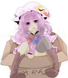 Rule 34 | 1girl, asymmetrical clothes, bad id, bad pixiv id, black thighhighs, boots, bow, box, cardboard box, female focus, hair bow, hat, highres, in box, in container, long hair, patchouli knowledge, purintowswsp, purple eyes, purple hair, simple background, single thighhigh, sitting, solo, thighhighs, touhou, translated