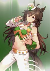 Rule 34 | 1girl, absurdres, ahoge, animal ears, armband, breasts, brown hair, choker, cleavage, closed mouth, cropped jacket, feet out of frame, hair between eyes, hair ornament, hairclip, hat, highres, horse ears, horse girl, horse tail, jacket, long hair, looking at viewer, medium breasts, midriff, mini hat, mini top hat, motsunabe (mo2nap3), mr. c.b. (umamusume), navel, open clothes, open jacket, pants, shirt, single bare shoulder, single sleeve, single wrist cuff, smile, solo, strapless, strapless shirt, tail, top hat, umamusume, white jacket, white pants, wrist cuffs