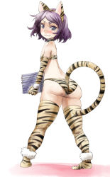 Rule 34 | 1girl, animal ears, animal print, ass, bare shoulders, blush, choker, elbow gloves, eyebrows, flat chest, gloves, kemonomimi mode, kototora, looking at viewer, original, purple eyes, purple hair, short hair, solo, strapless, tail, thighhighs, tiger ears, tiger print, tiger tail, tube top, yohane