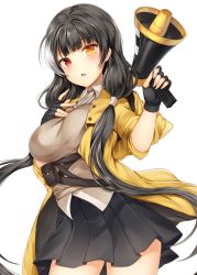 Rule 34 | 1girl, absurdres, black gloves, black hair, black skirt, blush, cardigan vest, collared shirt, commentary request, cowboy shot, fingerless gloves, girls&#039; frontline, gloves, hair tie, heterochromia, highres, holding, holding megaphone, hood, hood down, hooded jacket, jacket, long hair, looking at viewer, megaphone, multicolored hair, open clothes, open jacket, open mouth, orange eyes, pleated skirt, red eyes, ro635 (girls&#039; frontline), shirt, sidelocks, simple background, skirt, solo, streaked hair, twintails, untucked shirt, vest, white background, white hair, white shirt, yellow eyes, yellow jacket, zerocat