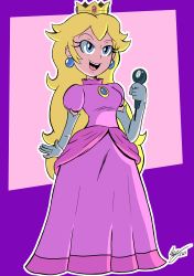 Rule 34 | 1girl, absurdres, blonde hair, blue eyes, commentary, cronocain, crown, dress, earrings, elbow gloves, english commentary, full body, gloves, highres, holding, holding microphone, jewelry, lipstick, long hair, makeup, mario (series), microphone, nintendo, open mouth, outline, pink dress, pink lips, princess peach, puffy short sleeves, puffy sleeves, short sleeves, smile, solo, standing, super mario bros. 1, teeth, upper teeth only, white gloves, white outline