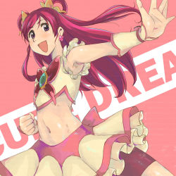 Rule 34 | 00s, 1girl, bike shorts, bike shorts under skirt, cure dream, elk115, hair ornament, hair rings, jewelry, long hair, magical girl, midriff, navel, open mouth, outstretched arm, outstretched hand, pink eyes, pink hair, pink shorts, precure, shorts, shorts under skirt, skirt, smile, solo, yes! precure 5, yumehara nozomi