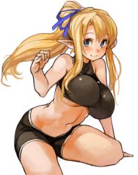 Rule 34 | 1girl, bike shorts, blonde hair, blue eyes, blush, breasts, female focus, hair ribbon, large breasts, long hair, midriff, navel, perky breasts, pointy ears, ponytail, ribbon, sachito, simple background, smile, solo, sports bra, white background