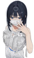 Rule 34 | 1girl, absurdres, black hair, blue eyes, clothing request, commentary request, highres, long hair, looking at viewer, mashiro kta, mask, medium hair, mouth mask, original, pants, sidelocks, solo, standing, underwear, white background, white nails, white pants