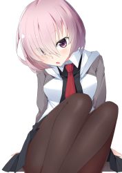 Rule 34 | 1girl, 714 (leg200kr), :o, arms behind back, black pantyhose, black skirt, blush, breasts, commentary, dot nose, eyes visible through hair, fate/grand order, fate (series), feet out of frame, hair over one eye, jacket, knee up, light purple hair, looking at viewer, mash kyrielight, medium breasts, necktie, open mouth, pantyhose, pleated skirt, purple eyes, red necktie, short hair, simple background, sitting, skirt, solo, white background