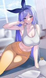 Rule 34 | 1girl, alternate breast size, bare shoulders, blue eyes, blue hair, borrowed character, bottle, bow, breasts, cleavage, collarbone, crop top, hair bow, hair ribbon, hand on own face, highres, large breasts, light blush, long hair, midriff, bae minah (chaesu), navel, original, pants, ribbon, sino42, solo, stomach, sweat, very long hair, water bottle, yoga mat, yoga pants