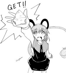 Rule 34 | 1girl, animal ears, arm up, basket, black dress, black skirt, blush stickers, capelet, cheese, clenched hand, dress, dutch angle, english text, food, foreshortening, from above, greyscale, holding, holding food, jewelry, looking at viewer, monochrome, mouse ears, mouse tail, nazrin, necklace, open mouth, skirt, tail, taurine 8000mg, teeth, touhou, twitter username