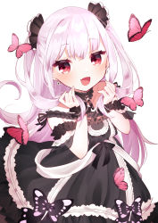 Rule 34 | 1girl, :d, absurdres, black choker, black dress, black ribbon, bug, butterfly, chain, choker, dress, earrings, fang, frilled cuffs, frilled dress, frills, highres, hinakano h, holding, holding own hair, hololive, insect, jewelry, long hair, looking at viewer, open mouth, red eyes, ribbon, simple background, skin fang, smile, solo, two side up, uruha rushia, uruha rushia (3rd costume), very long hair, virtual youtuber, white background, white hair, wrist cuffs
