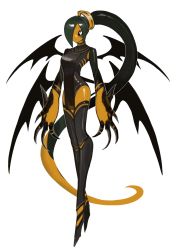 Rule 34 | 1girl, absurdly long hair, black leotard, black sclera, black thighhighs, claws, closed mouth, colored sclera, colored skin, full body, green hair, hair over one eye, highres, leotard, long hair, looking at viewer, monster girl, multiple wings, one eye covered, orange skin, original, oversized forearms, oversized limbs, pelvic curtain, ruteko (ruko220), simple background, slit pupils, solo, thighhighs, very long hair, white background, white eyes, wings