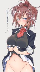 Rule 34 | 1girl, ascot, blue eyes, blush, breasts, brown hair, buttons, closed mouth, flower, grey background, groin, hair between eyes, highres, kantai collection, komb, long hair, long sleeves, medium breasts, military, military uniform, navel, pleated skirt, red ascot, red flower, red rose, rose, sheffield (kancolle), simple background, skirt, solo, uniform, white skirt