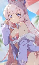 Rule 34 | 1girl, absurdres, alternate costume, bare shoulders, beach umbrella, bikini, blue eyes, blurry, blurry background, blush, bow, bow-shaped hair, bow bikini, breasts, cleavage, day, genshin impact, gradient eyes, halterneck, head wings, highres, jacket, long hair, looking at viewer, multicolored eyes, nghbr, off shoulder, outdoors, parted lips, pink hair, purple eyes, purple jacket, red bikini, sangonomiya kokomi, side-tie bikini bottom, small breasts, solo, swimsuit, umbrella, wet, wings