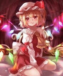 Rule 34 | 1girl, absurdres, ascot, blonde hair, blush, crystal, fang, flandre scarlet, glowing, gumi (fwjn7284), hat, highres, indoors, looking at viewer, mob cap, nose blush, pointy ears, puffy sleeves, red eyes, short sleeves, sitting, skin fang, skirt, smile, solo, touhou, vest, wariza, wings