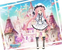 Rule 34 | 1girl, boots, capelet, castle, cross-laced footwear, dress, hat, long hair, lucia, lucia (pangya), necktie, open mouth, pangya, pink eyes, pink hair, smile, solo, twintails, very long hair, witch hat