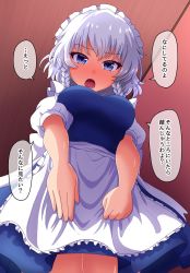 Rule 34 | 1girl, apron, blue dress, blue eyes, blush, braid, breasts, check commentary, clenched hand, commentary, commentary request, dress, foreshortening, frilled apron, frills, from below, fusu (a95101221), izayoi sakuya, large breasts, looking at viewer, maid, maid headdress, open mouth, puffy short sleeves, puffy sleeves, short hair, short sleeves, silver hair, solo, speech bubble, touhou, translation request, twin braids, wooden ceiling