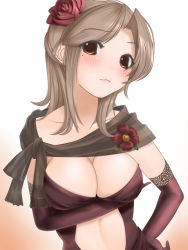 Rule 34 | 1girl, bad id, bad pixiv id, black gloves, blush, breast hold, breasts, brown eyes, cape, cleavage, collarbone, dress, elbow gloves, eyebrows, flower, gloves, hair flower, hair ornament, hand on own hip, head tilt, hip focus, kinugasa yuuichi, large breasts, light brown hair, looking at viewer, mole, mole under eye, original, rose, see-through, simple background, solo, white background