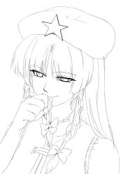 Rule 34 | 1girl, braid, close-up, embodiment of scarlet devil, female focus, greyscale, hong meiling, lineart, monochrome, shiba itsuki, simple background, smile, solo, touhou, twin braids, white background