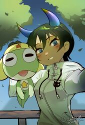 Rule 34 | 1boy, 1girl, black eyes, black hair, blue eyes, blush, character request, frog, gloves, hat, hood, hoodie, horns, keroro, keroro gunsou, looking at viewer, outdoors, riri (dgra3272), short hair, star (symbol), tree, upper body, zipper