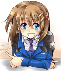 Rule 34 | 1girl, blue eyes, brown hair, commentary request, dated, grin, hair between eyes, hair ornament, index finger raised, looking at viewer, lyrical nanoha, necktie, purple necktie, san-pon, smile, solo, tsab naval military uniform, twitter username, x hair ornament, yagami hayate