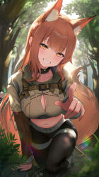 Rule 34 | 1girl, all fours, animal ear fluff, animal ears, arknights, black collar, black pants, blush, breasts, brown hair, cleavage, cleavage cutout, clenched teeth, clothing cutout, collar, collarbone, crop top, day, extra ears, forest, fox ears, fox girl, fox tail, franka (arknights), franka (rainforest me rainbow) (arknights), grey shirt, grin, highres, large breasts, long hair, looking at viewer, nature, official alternate costume, outdoors, pants, shirt, sidelocks, smile, sweat, tail, teeth, yellow eyes, zayur