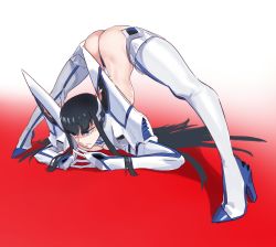Rule 34 | 1girl, absurdres, ass, bent over, black hair, blue eyes, boots, breast press, breasts, flexible, gloves, gradient background, hanging breasts, high heels, highres, jack-o&#039; challenge, joji erru, junketsu, kamui (kill la kill), kill la kill, kiryuuin satsuki, legs apart, long hair, long sleeves, meme, revealing clothes, simple background, solo, spread legs, stretching, thick eyebrows, thigh boots, thighhighs, top-down bottom-up, underwear, very long hair, wide spread legs