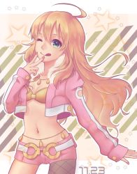 Rule 34 | 1girl, blonde hair, green eyes, highres, hoshii miki, idolmaster, idolmaster (classic), ladybird8n, long hair, md5 mismatch, midriff, one eye closed, resolution mismatch, smile, solo, source smaller, tongue, wink